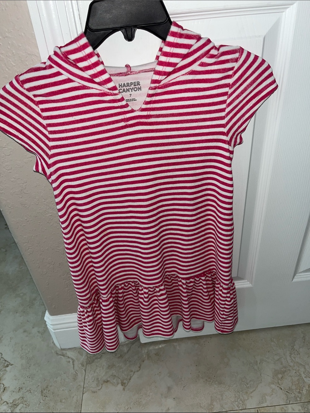 Harper Canyon Terry Cloth Fuchsia & White Striped Hooded Ruffle Dress